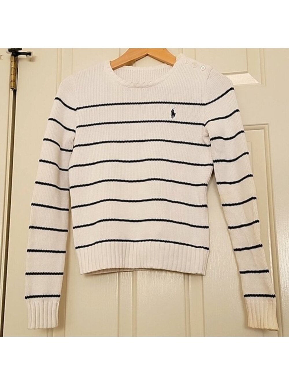 POLO Ralph Lauren Nautical Striped White and Navy Sweater with Button Closure